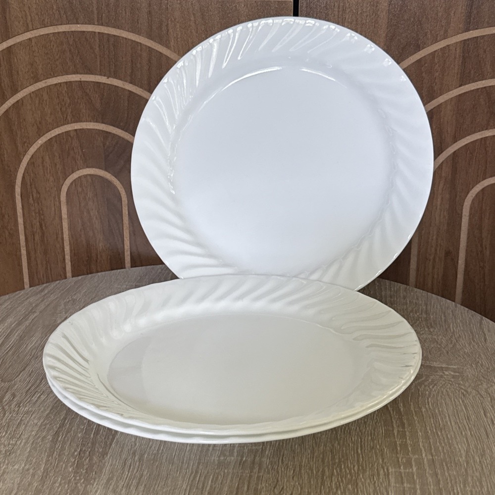 Corelle Enhancements White Swirl Dinner Plates 10.25" Set of 3 Vitrelle Glass
